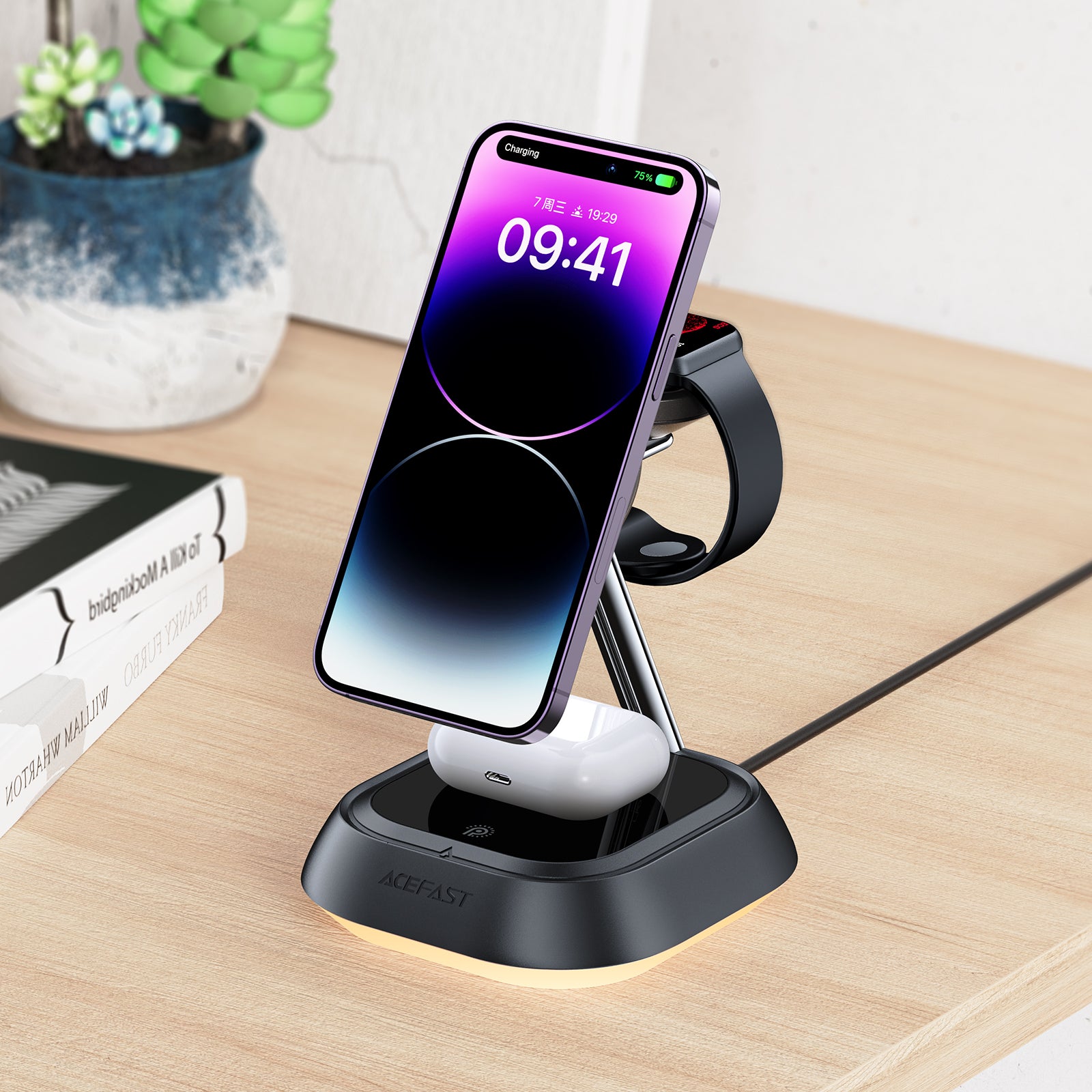 Acefast indukcinė įkrovimo stotelė E16 3in1 15W telefonui / ausinėms / laikrodžiui - juoda