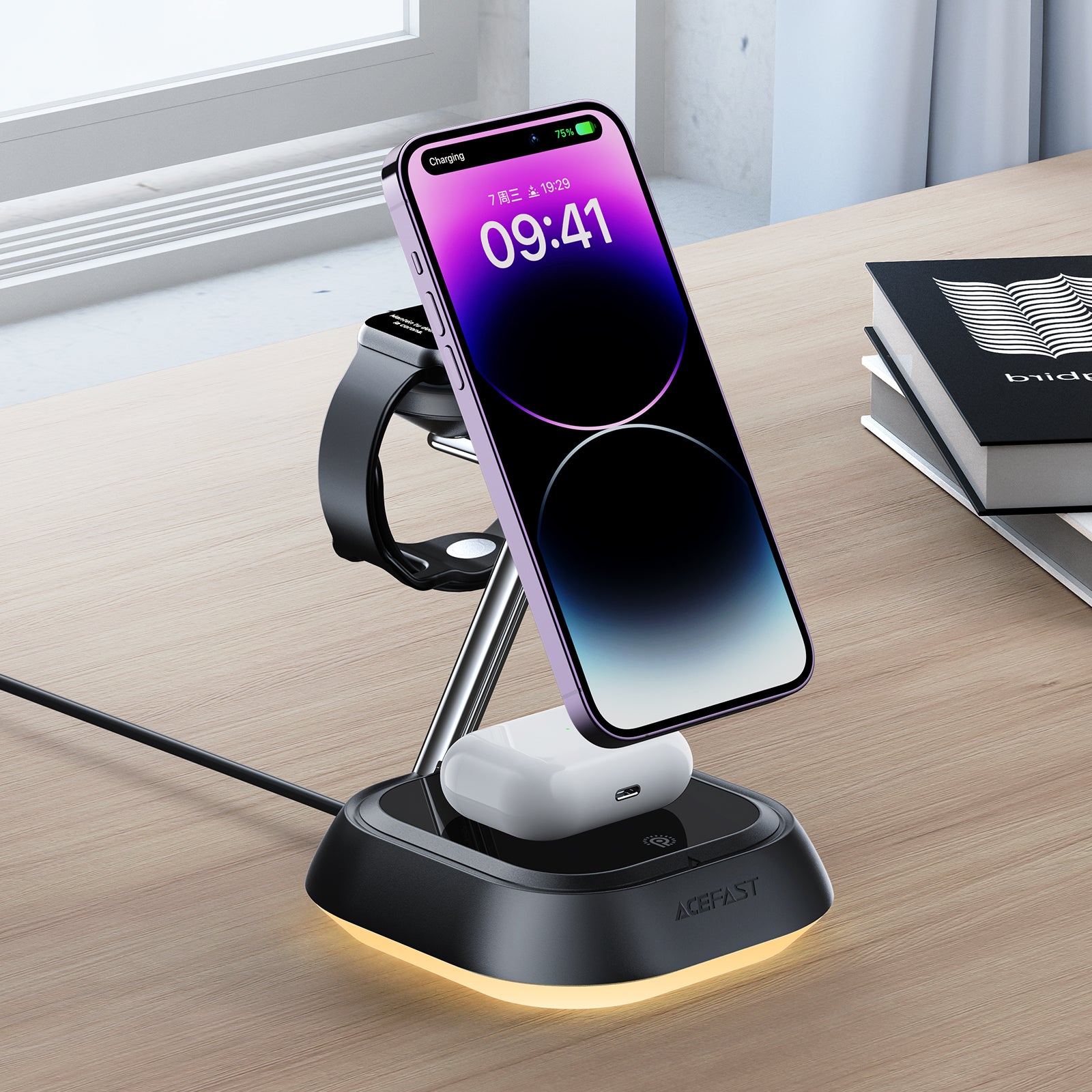 Acefast indukcinė įkrovimo stotelė E16 3in1 15W telefonui / ausinėms / laikrodžiui - juoda