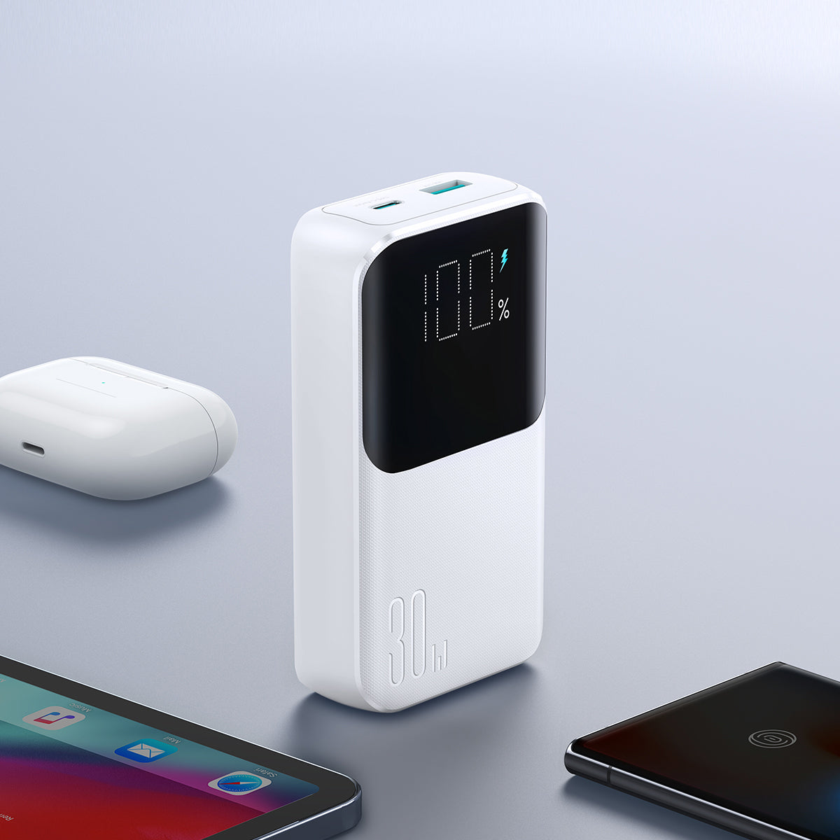 Mini išorinė baterija su integruotais laidais Joyroom JR-PBC06 30W 10000mAh - baltas