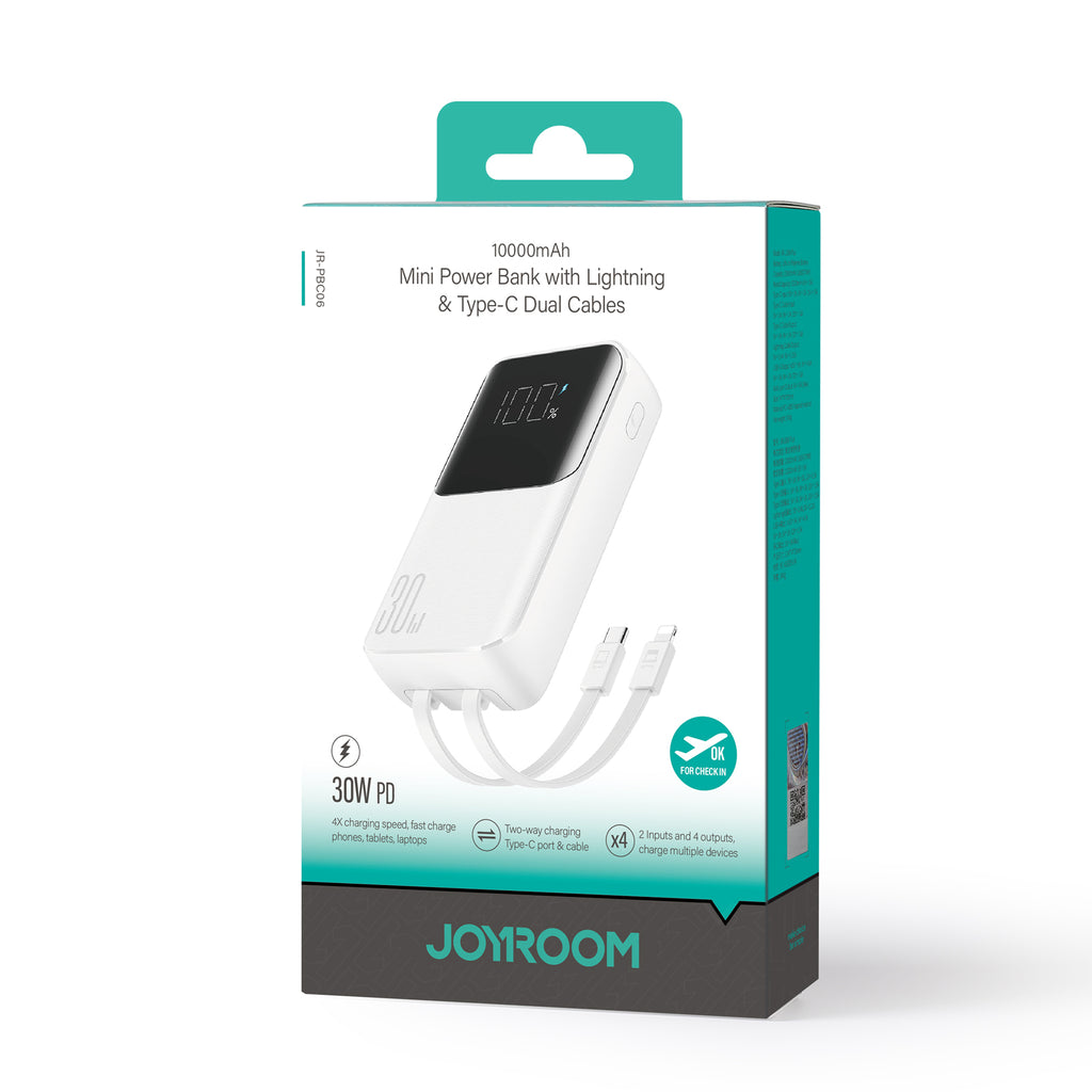 Mini išorinė baterija su integruotais laidais Joyroom JR-PBC06 30W 10000mAh - baltas
