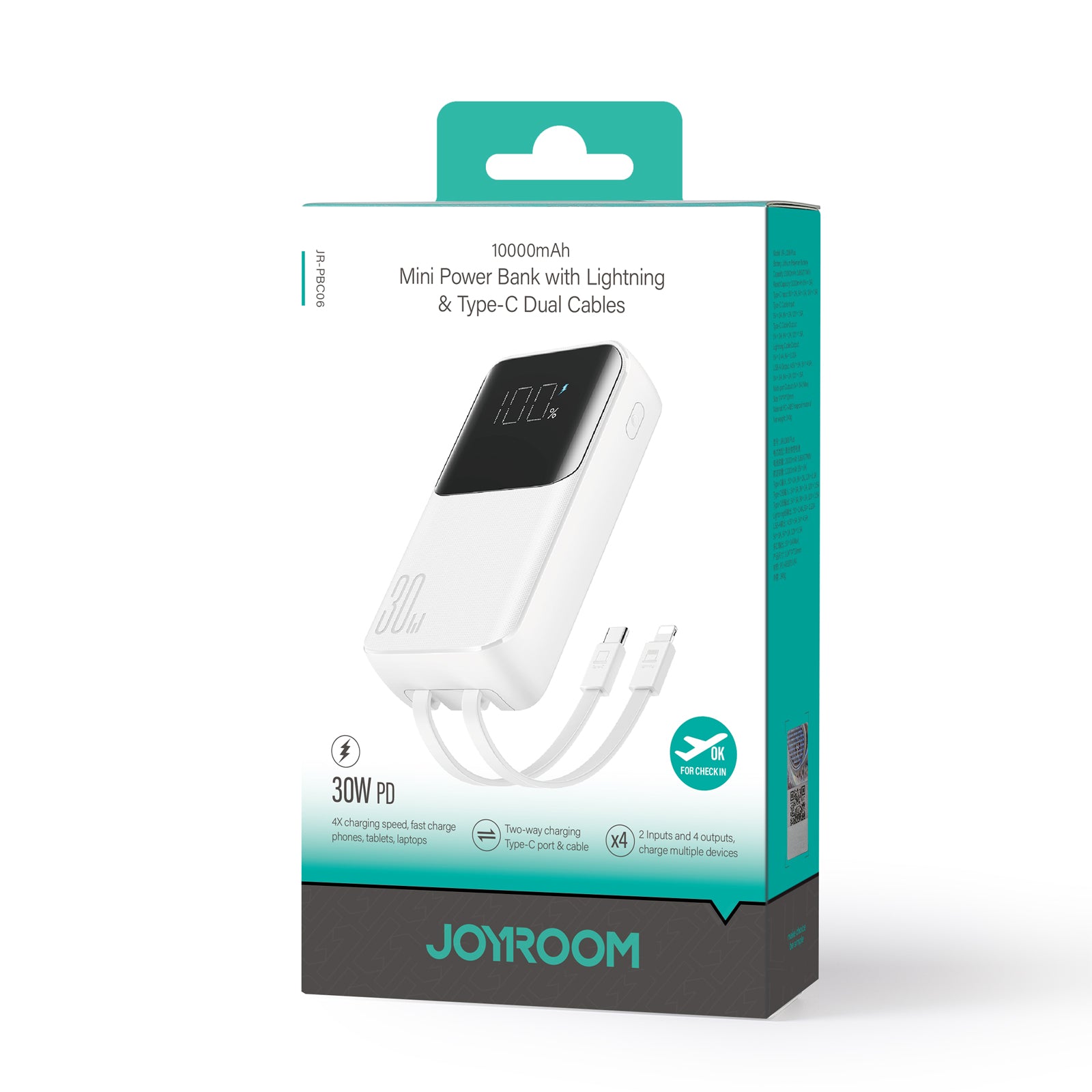Mini išorinė baterija su integruotais laidais Joyroom JR-PBC06 30W 10000mAh - baltas