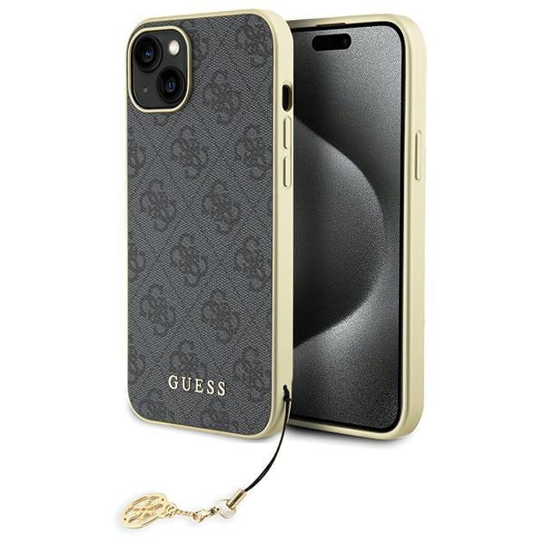 Guess 4G Charm dėklas iPhone 15 Plus – pilkas