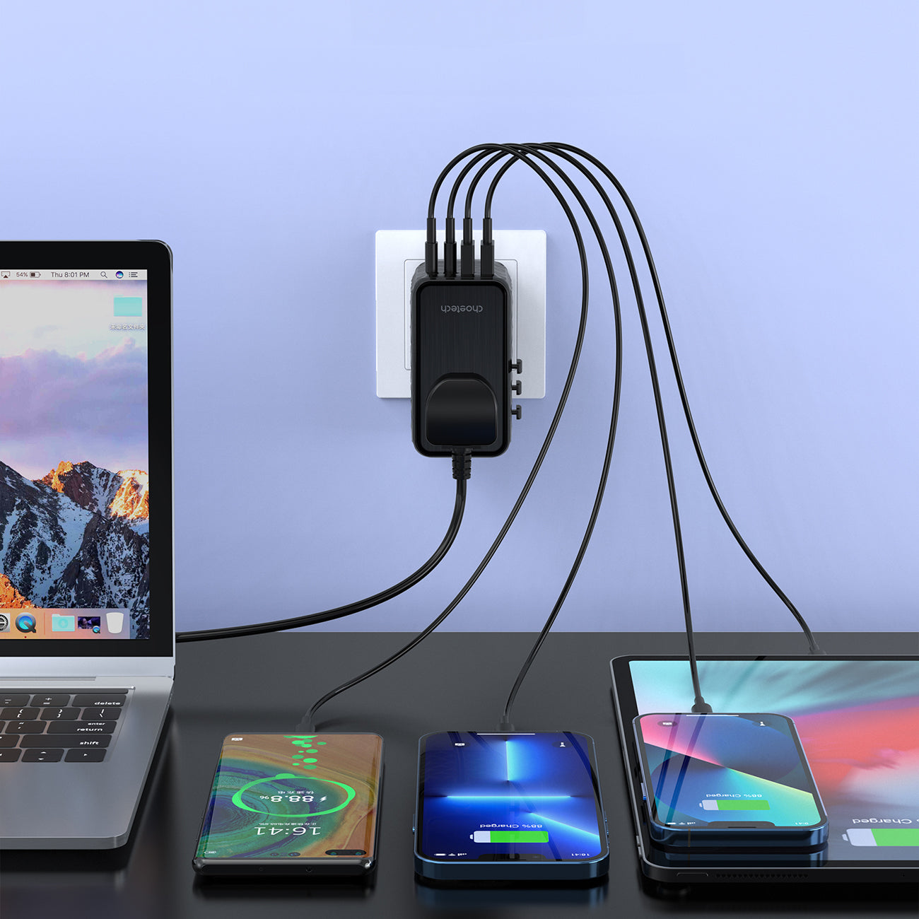 Choetech kelioninis adapteris PD6028 EU / US / AUS / UK 2x USB-C 2x USB-A 100W - juodas -- Cell phone chargers