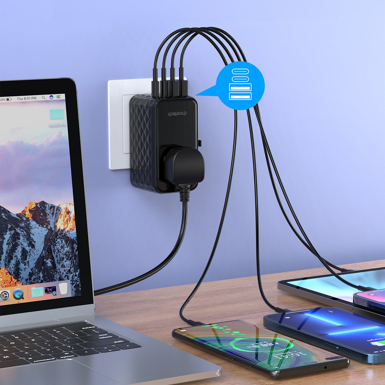 Choetech kelioninis adapteris PD6028 EU / US / AUS / UK 2x USB-C 2x USB-A 100W - juodas -- Cell phone chargers