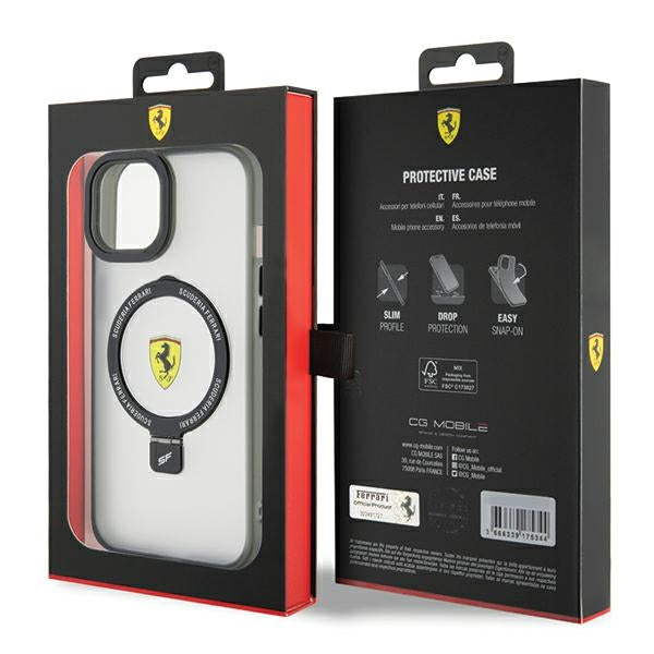 Ferrari MagSafe dėklas su žiedu-stovu iPhone 15 – skaidrus