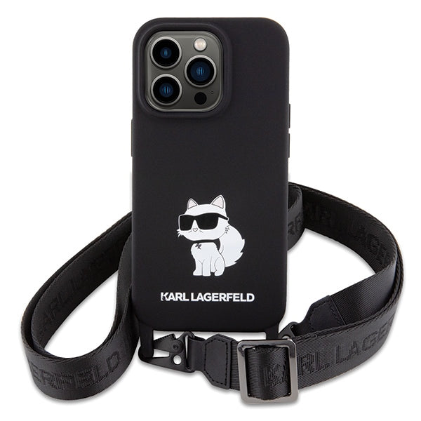 Karl Lagerfeld dėklas iPhone 15 Pro Max su dirželiu – juodas