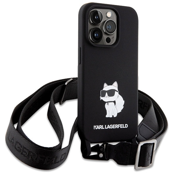 Karl Lagerfeld dėklas iPhone 15 Pro Max su dirželiu – juodas