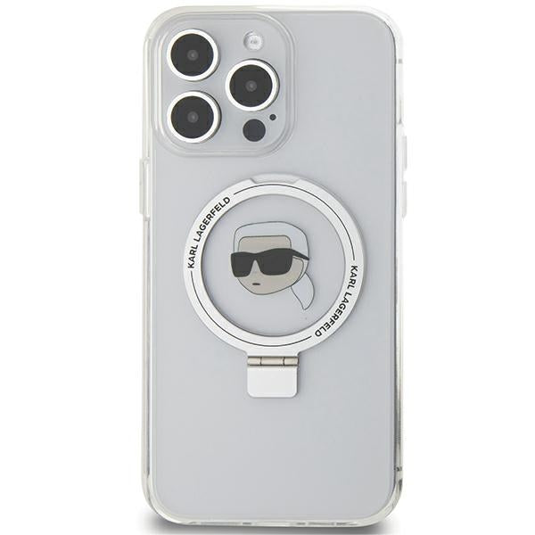 Karl Lagerfeld MagSafe dėklas su žiedu iPhone 15 Pro – baltas