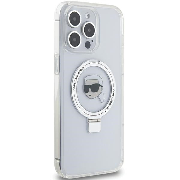 Karl Lagerfeld MagSafe dėklas su žiedu iPhone 15 Pro – baltas