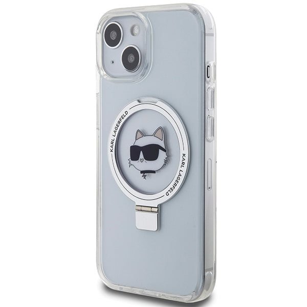 Karl Lagerfeld MagSafe dėklas iPhone 15 – baltas, su stovu