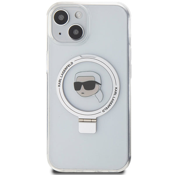 Karl Lagerfeld MagSafe dėklas su žiedu iPhone 15 – baltas