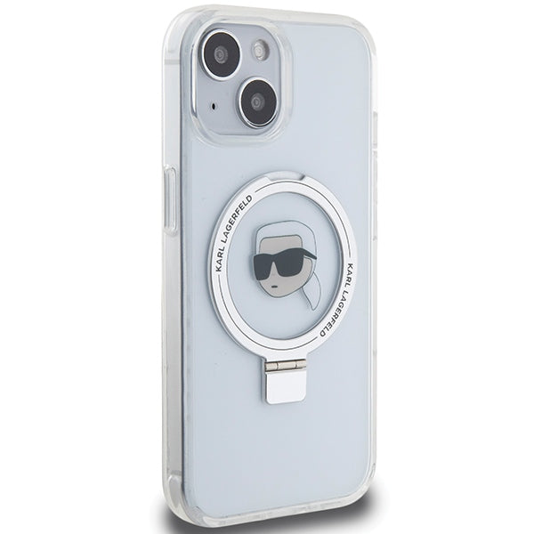 Karl Lagerfeld MagSafe dėklas su žiedu iPhone 15 – baltas