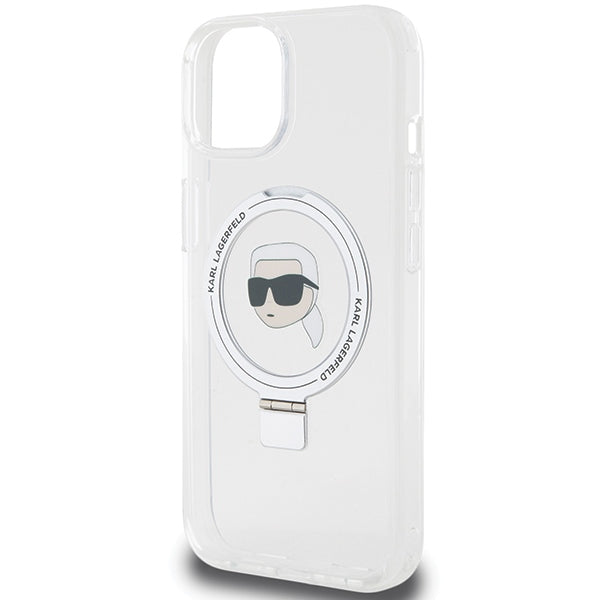 Karl Lagerfeld MagSafe dėklas su žiedu iPhone 15 – baltas