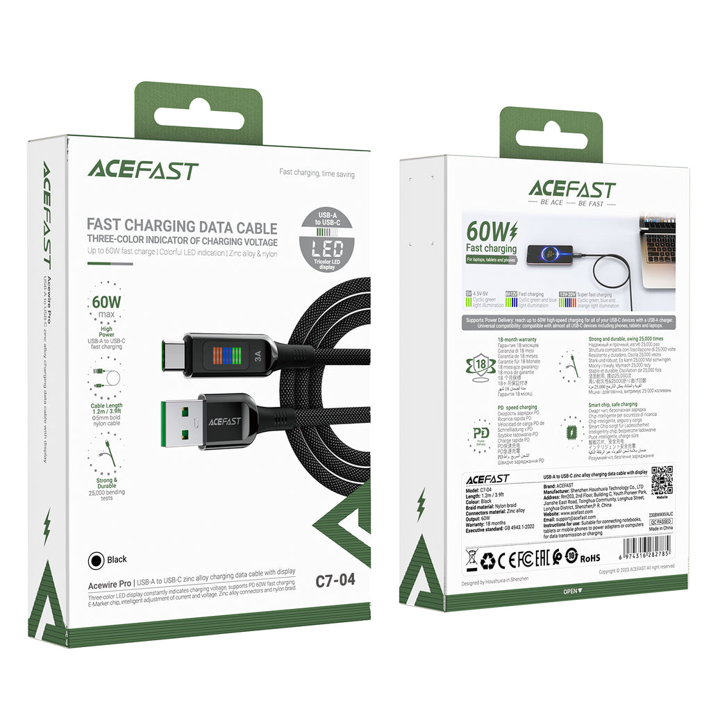 Acefast C7-04 USB-A USB-C 60W 1.2m laidas su ekranu - juodas