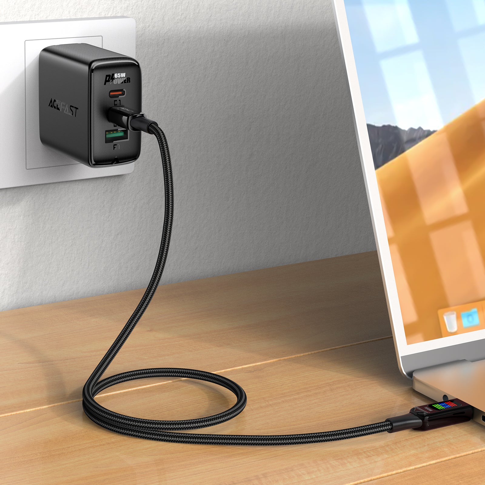 Acefast C7-03 USB-C USB-C 100W 1.2m laidas su ekranu - juodas