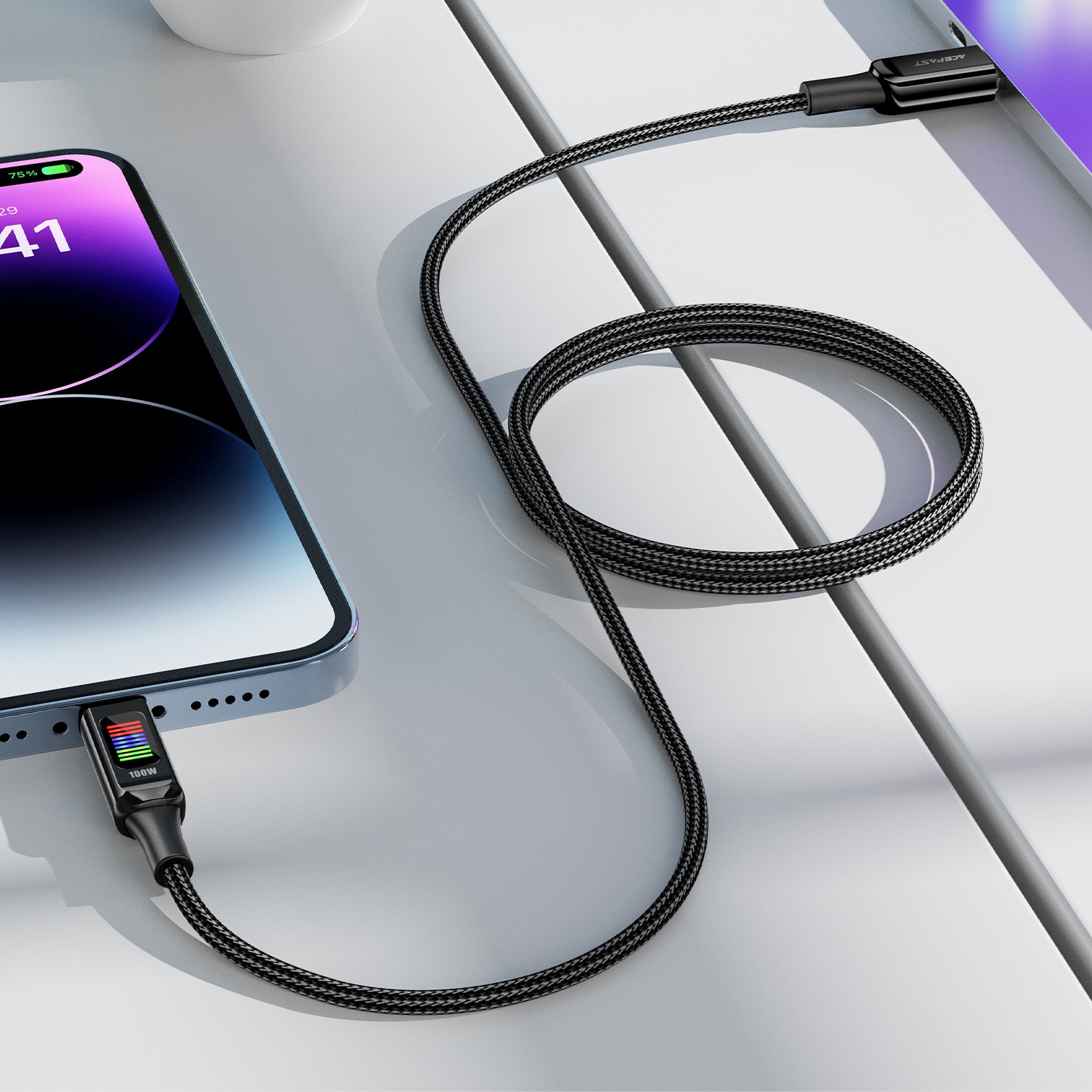 Acefast C7-03 USB-C USB-C 100W 1.2m laidas su ekranu - juodas