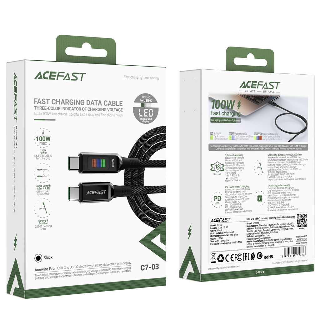 Acefast C7-03 USB-C USB-C 100W 1.2m laidas su ekranu - juodas