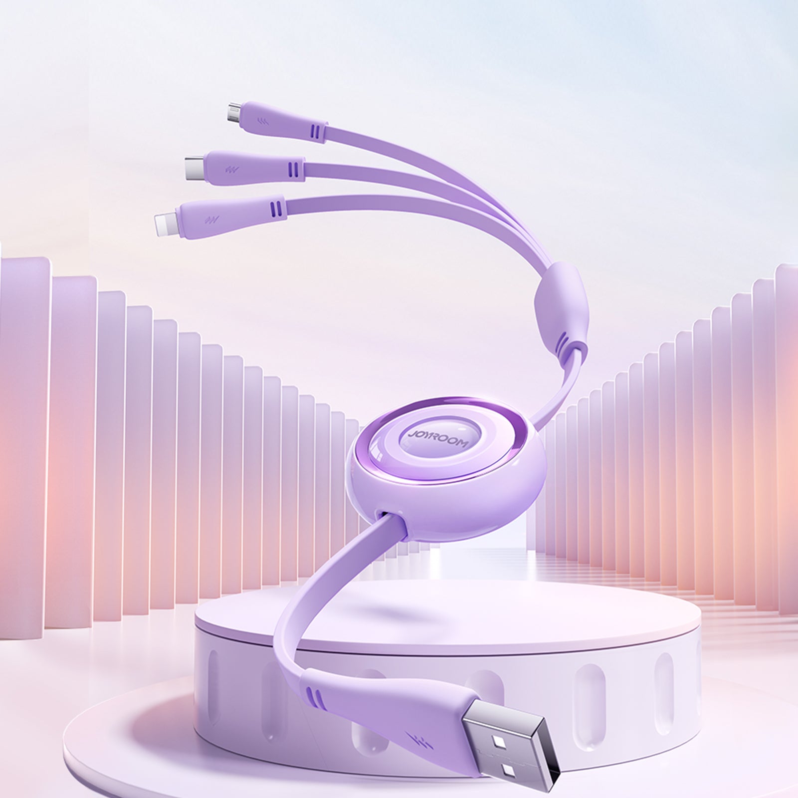 Joyroom Colorful Series S-A40 ištraukiamas 3in1 USB-A - USB-C / Lightning / Micro USB laidas 1m - violetinis