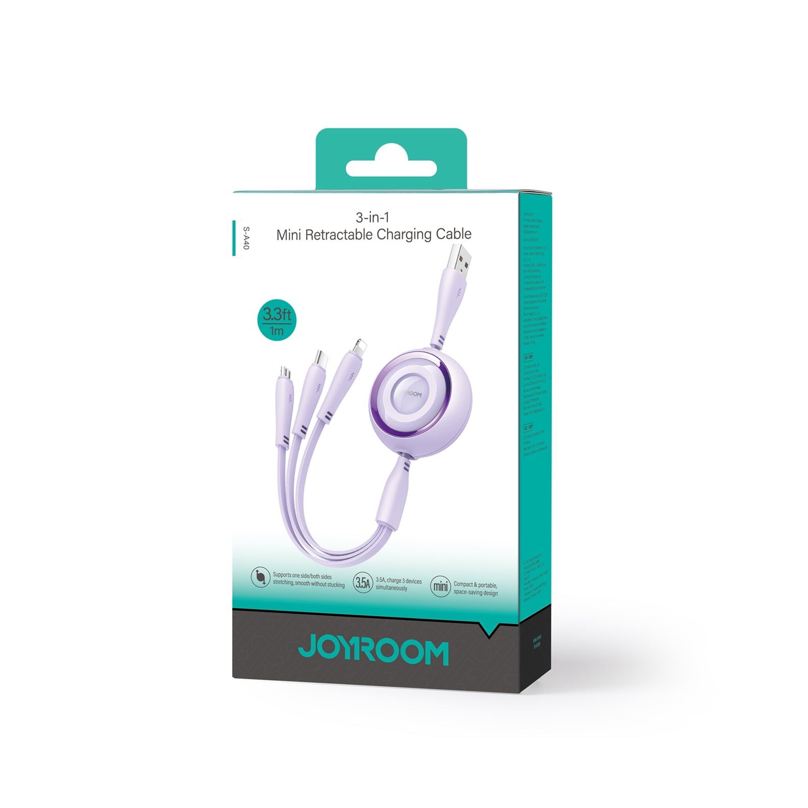 Joyroom Colorful Series S-A40 ištraukiamas 3in1 USB-A - USB-C / Lightning / Micro USB laidas 1m - violetinis