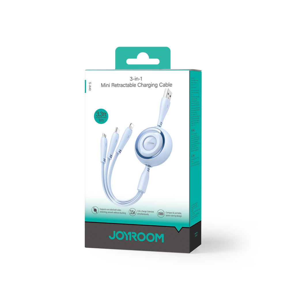 Joyroom Colorful Series S-A40 ištraukiamas 3in1 USB-A - USB-C / Lightning / Micro USB laidas 1m - mėlynas