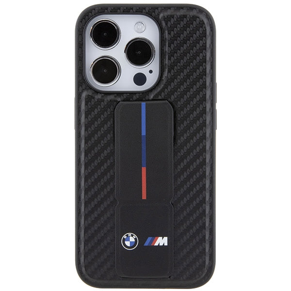BMW Grip Stand Smooth & Carbon dėklas iPhone 15 Pro – juodas