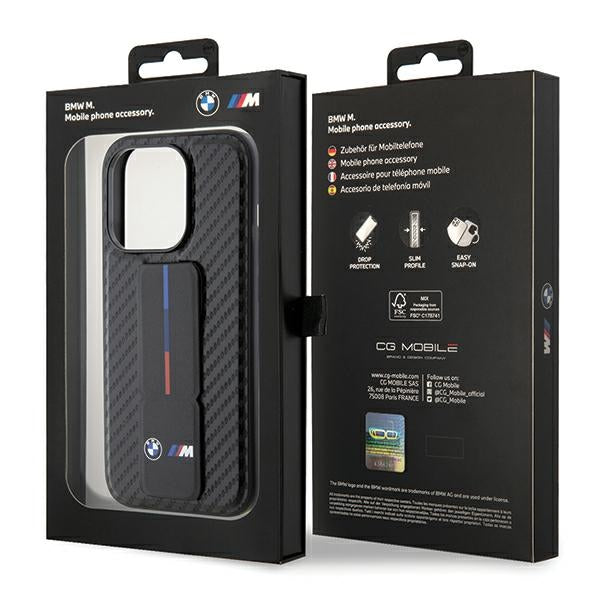 BMW Grip Stand Smooth & Carbon dėklas iPhone 15 Pro – juodas