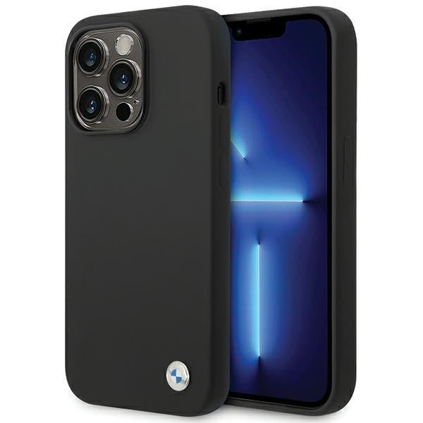 BMW silikoninis dėklas iPhone 15 Pro – juodas, metalinis logotipas