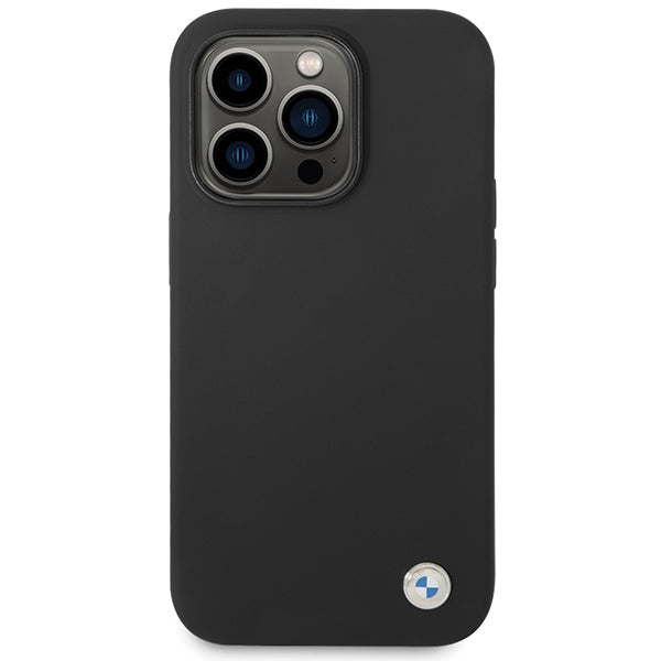 BMW silikoninis dėklas iPhone 15 Pro – juodas, metalinis logotipas