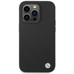 BMW silikoninis dėklas iPhone 15 Pro – juodas, metalinis logotipas