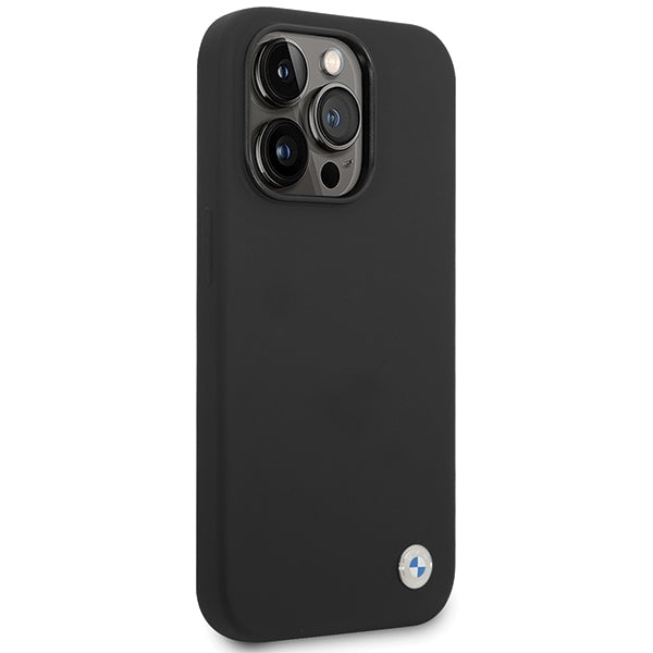 BMW silikoninis dėklas iPhone 15 Pro – juodas, metalinis logotipas