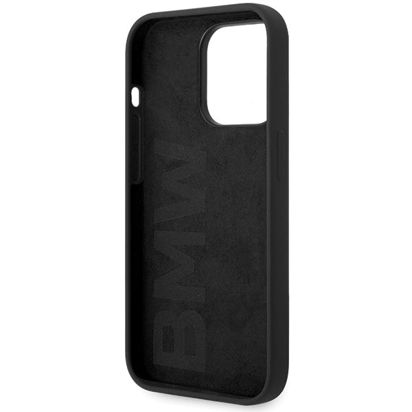 BMW silikoninis dėklas iPhone 15 Pro – juodas, metalinis logotipas