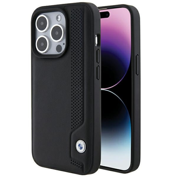 BMW Leather Blue Dots dėklas iPhone 15 Pro Max – juodas