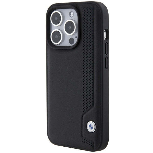 BMW Leather Blue Dots dėklas iPhone 15 Pro Max – juodas