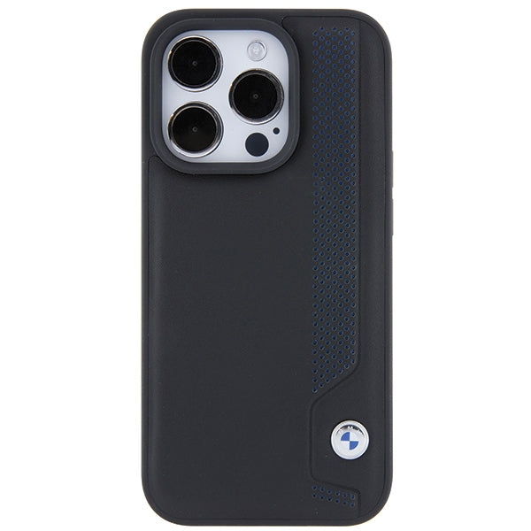 BMW Leather Blue Dots dėklas iPhone 15 Pro Max – juodas