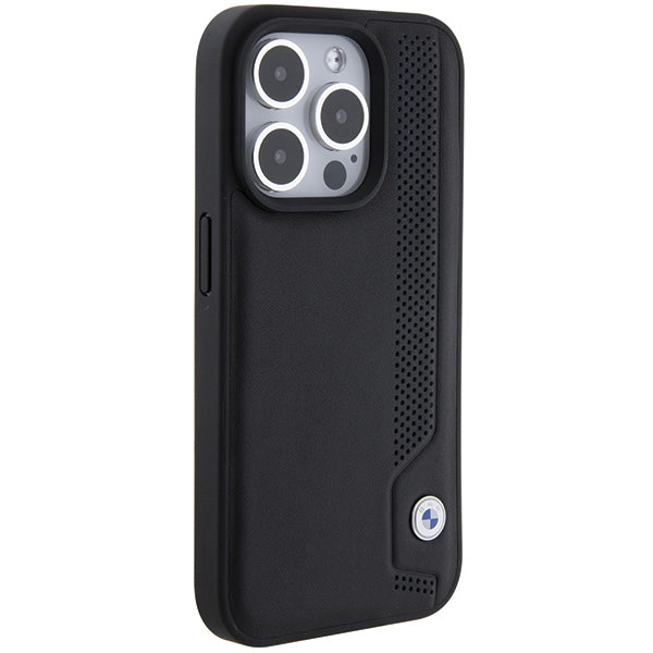 BMW Leather Blue Dots dėklas iPhone 15 Pro Max – juodas