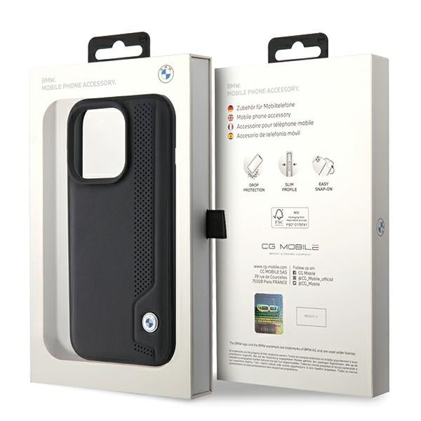 BMW Leather Blue Dots dėklas iPhone 15 Pro Max – juodas