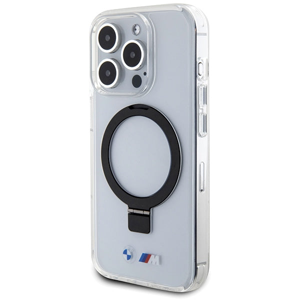 BMW MagSafe dėklas su žiedu ir stovu iPhone 15 Pro – skaidrus