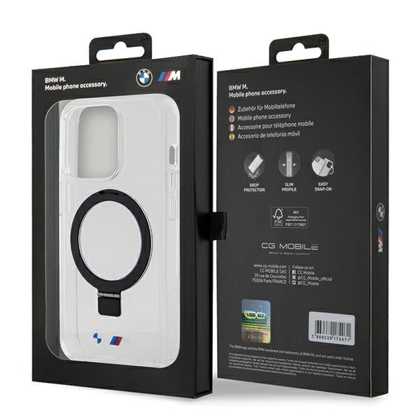 BMW MagSafe dėklas su žiedu ir stovu iPhone 15 Pro – skaidrus