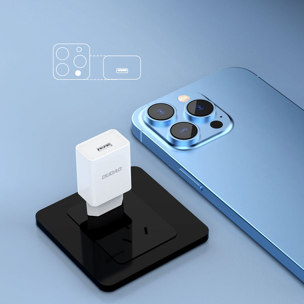 Dudao A4EU USB-A 2.1A sieninis įkroviklis - baltas + USB-A - Lightning laidas