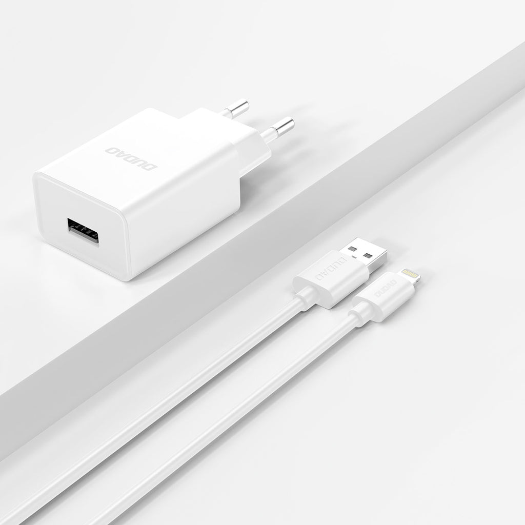 Dudao A4EU USB-A 2.1A sieninis įkroviklis - baltas + USB-A - Lightning laidas