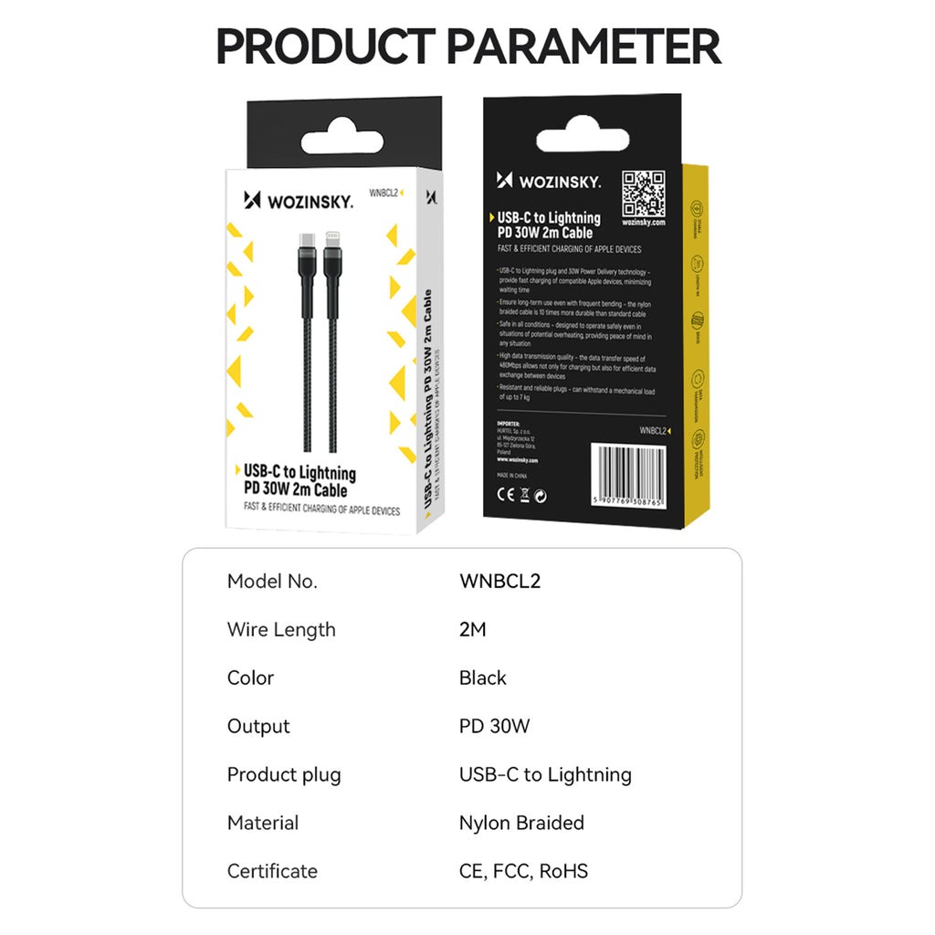 Wozinsky laidas WNBCL2 Lightning / USB-C PD 30W 2 m juodas