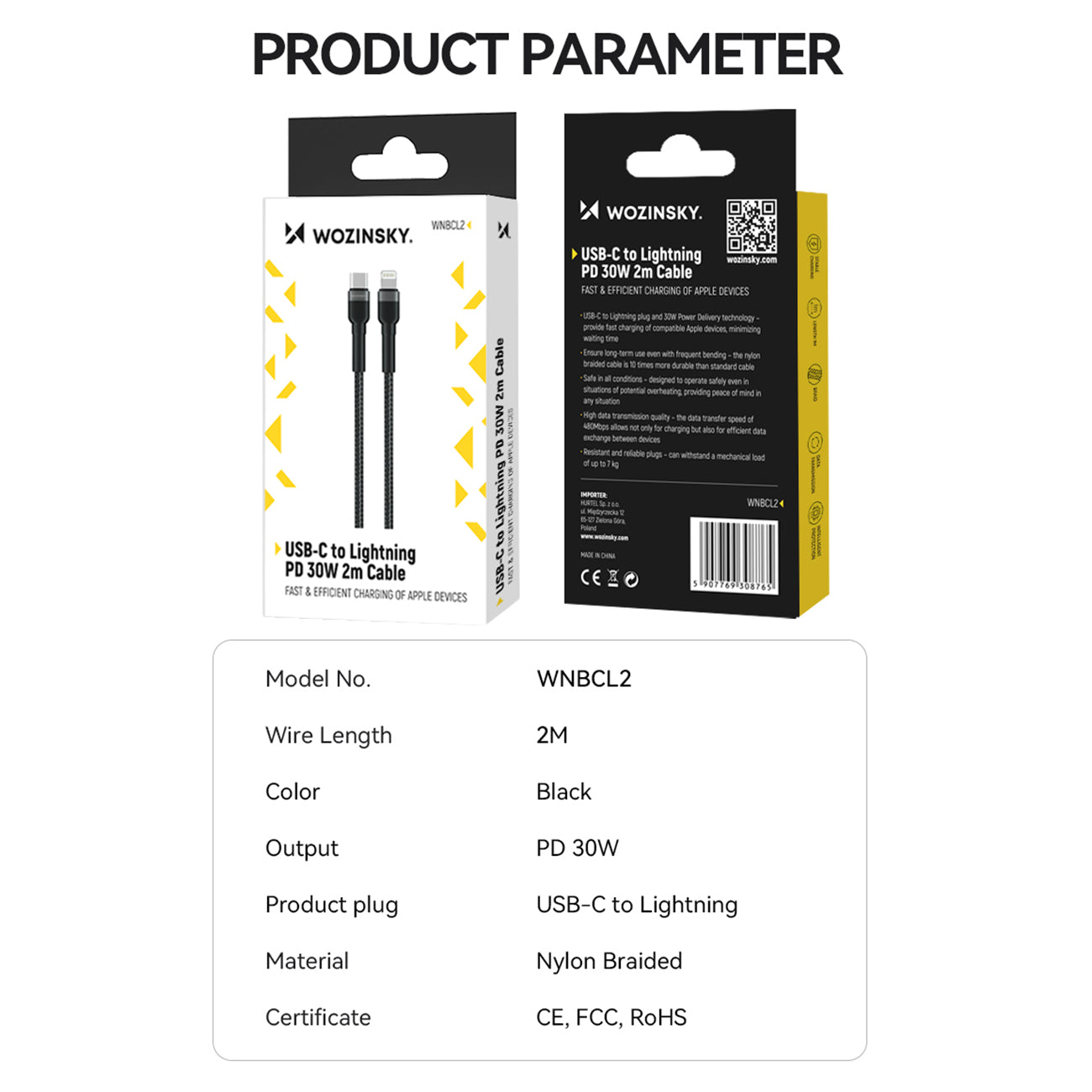 Wozinsky laidas WNBCL2 Lightning / USB-C PD 30W 2 m juodas