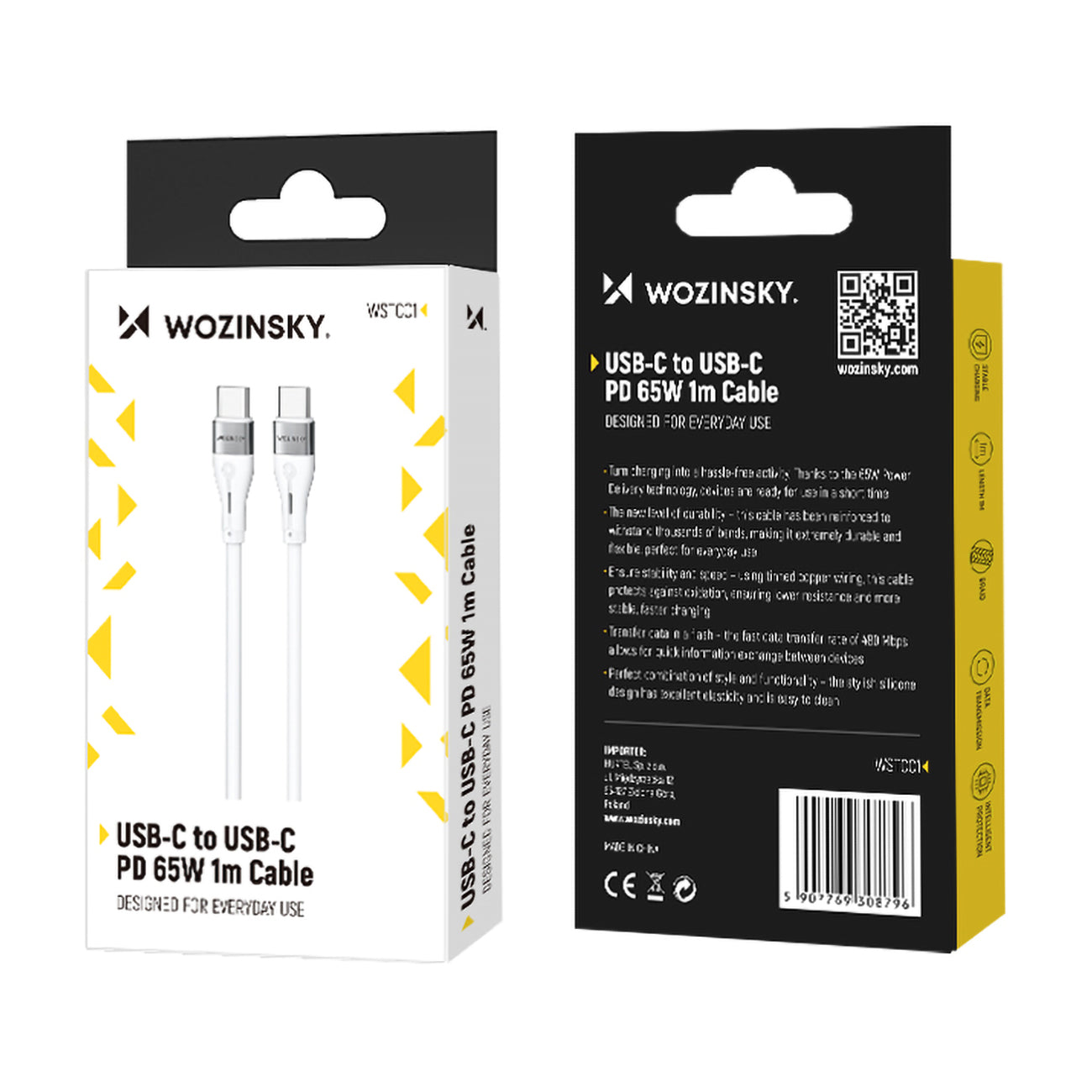 Wozinsky laidas WSTCC1 USB-C / USB-C PD 65W 1 m baltas
