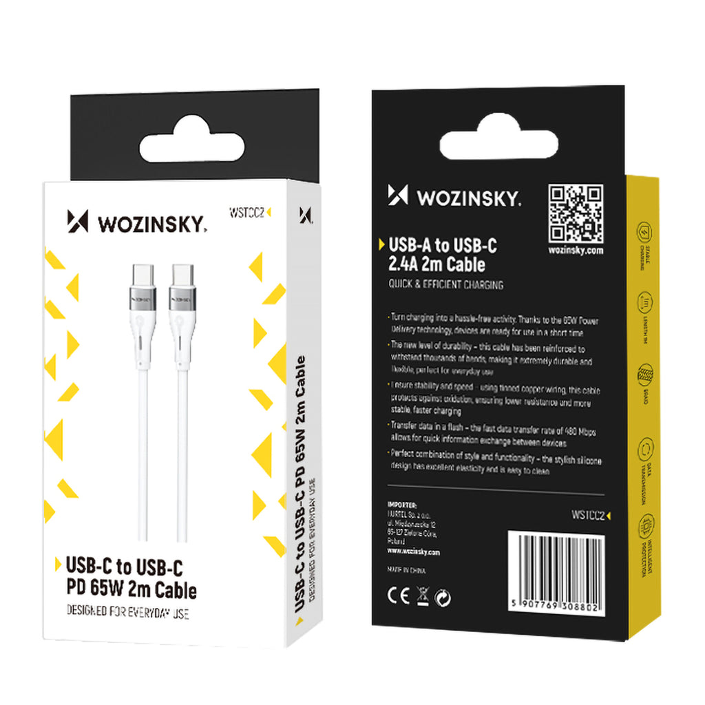 Wozinsky laidas WSTCC2 USB-C / USB-C PD 65W 2 m baltas