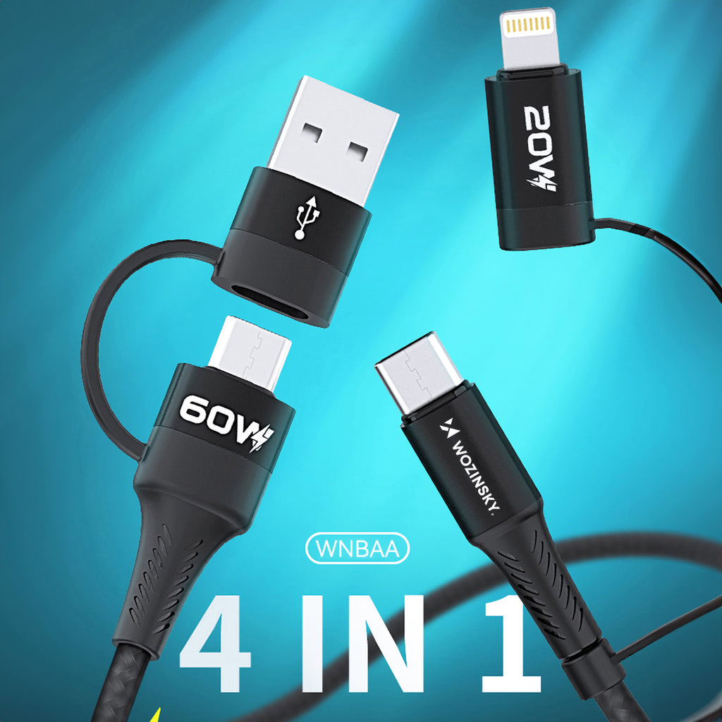 Wozinsky laidas WNBAA 4in1 2x USB-C 1x USB-A 1x Lightning 60W 1 m juodas