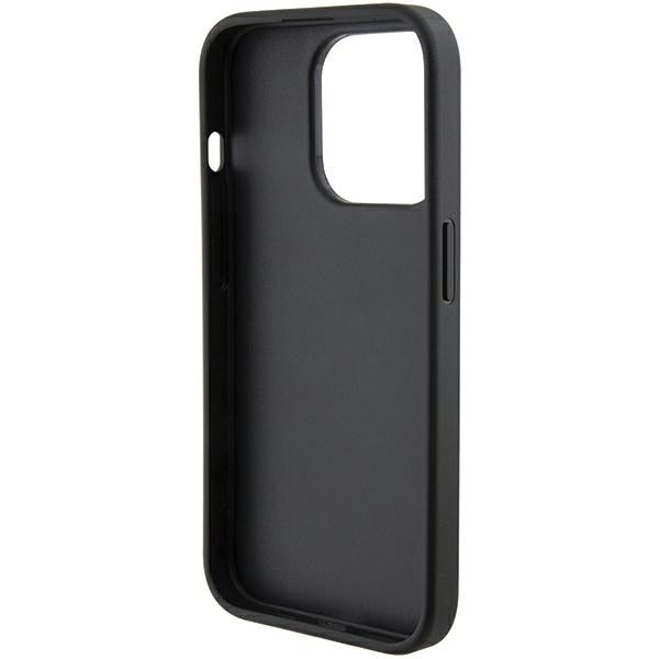 Ferrari Grip Stand Metal Logo dėklas iPhone 15 Pro – juodas