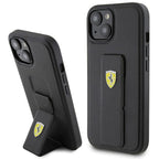 Ferrari Grip Stand dėklas iPhone 15 – juodas