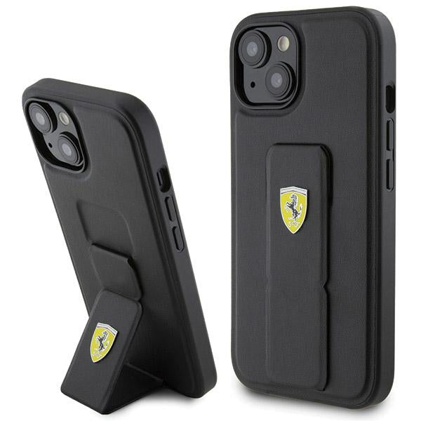 Ferrari Grip Stand dėklas iPhone 15 – juodas