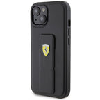 Ferrari Grip Stand dėklas iPhone 15 – juodas