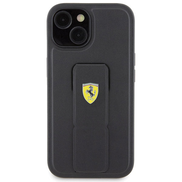 Ferrari Grip Stand dėklas iPhone 15 – juodas